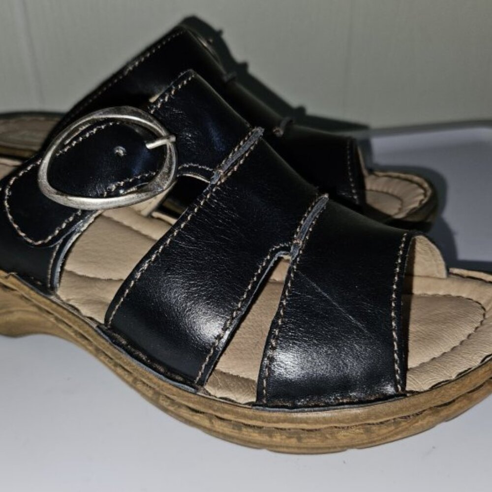 JOSEF SEIBEL Navy Blue 3 Strap Wedge Slip On Sandals Ladies 38 Size 7.5 - Picture 2 of 5